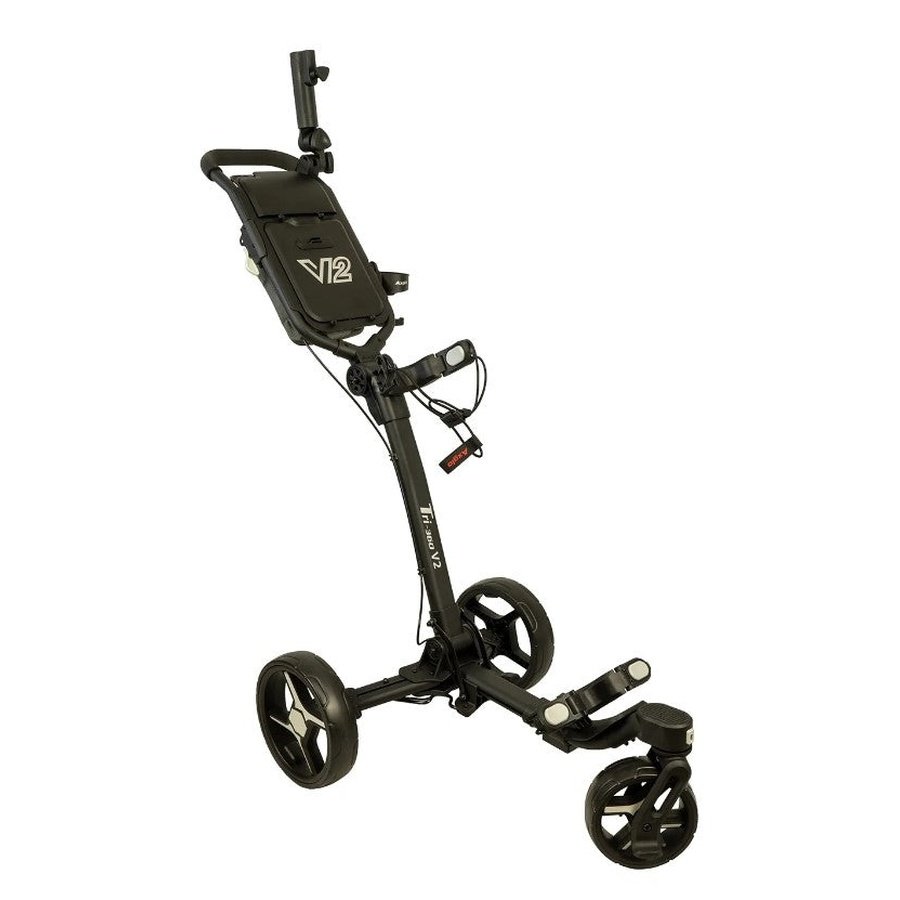 The Axglo V2 Golf Cart is a black, 3-wheel cart with a handle, foldable frame, storage compartment, and accessory holders. The “V2” logo on the main compartment highlights its stylish and practical design for any golfer.