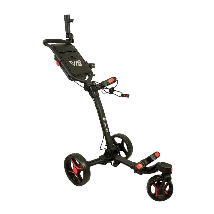 The Axglo V2 Golf Cart is a black, three-wheeled folding cart with red accents, a handle, storage compartment, and a foldable frame for easy transport.