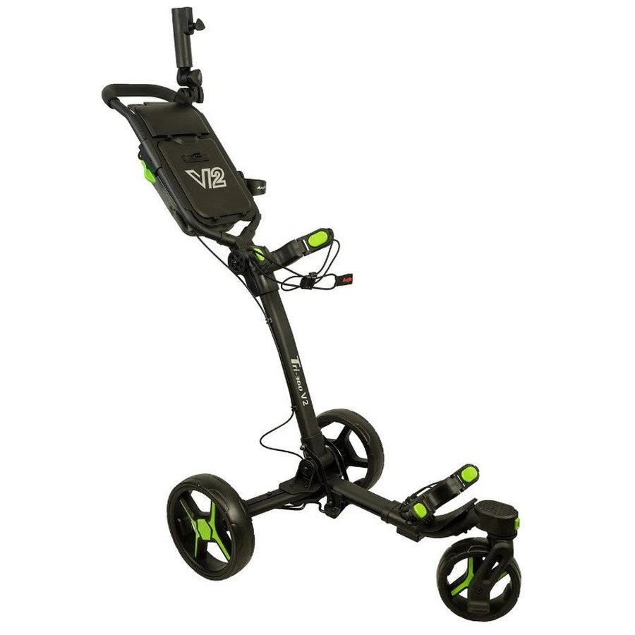 The Axglo V2 Golf Cart, a black and green folding cart with three wheels, handle, storage compartment, and accessory mount, stands upright on its wheels.