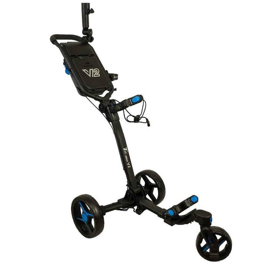 The Axglo V2 Golf Cart is a black 3-wheel cart with blue accents, a handle, golf bag holder, small front wheel for easy maneuvering, and "V2" labeling on the side. It is foldable for convenience.