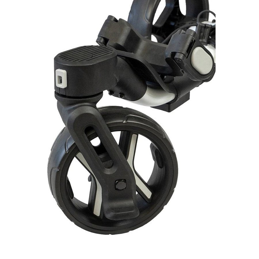 Close-up of a black plastic caster wheel securely attached to the metal frame of the Axglo V2 Golf Cart, highlighting its detailed design and sturdy attachment mechanism.