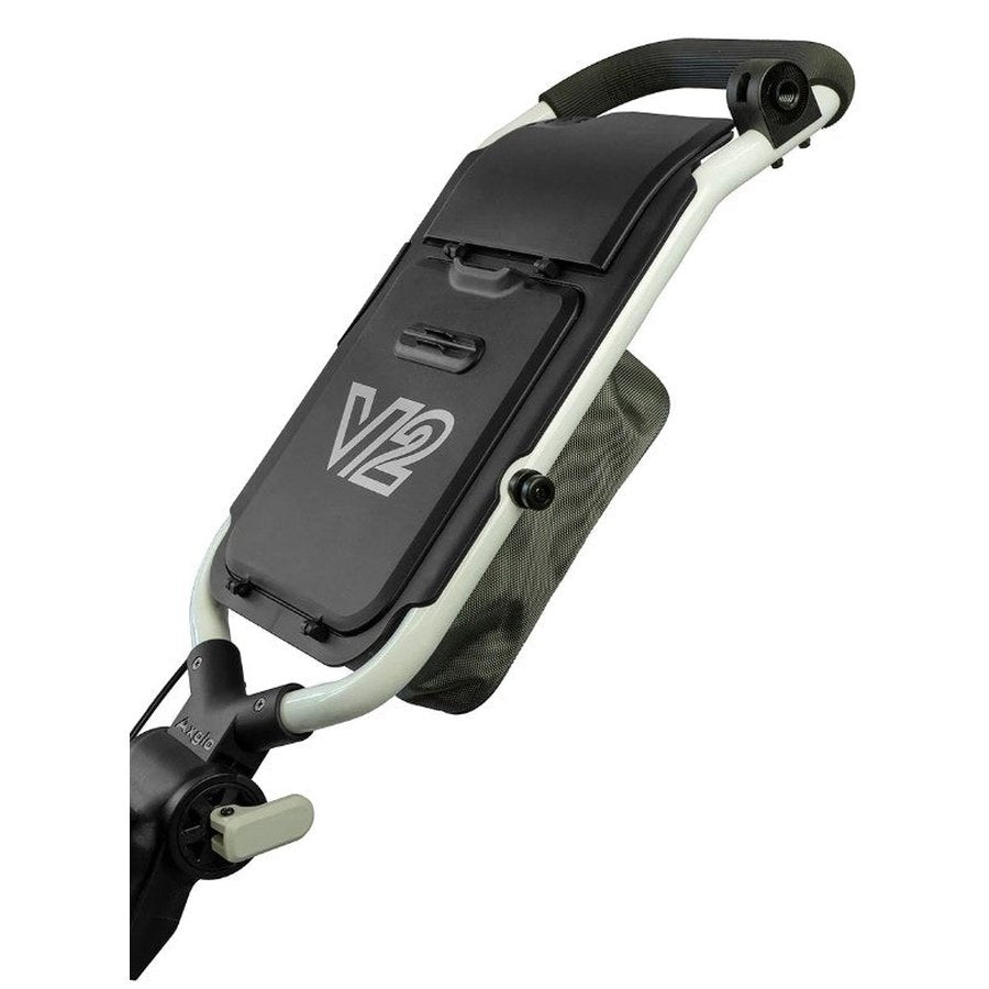 Close-up of a black and white handlebar attachment with V12 printed on it, featuring a latch and mesh pouch beneath—an accessory for the Axglo V2 Golf Cart, similar to those found on 3-wheel or folding golf carts.