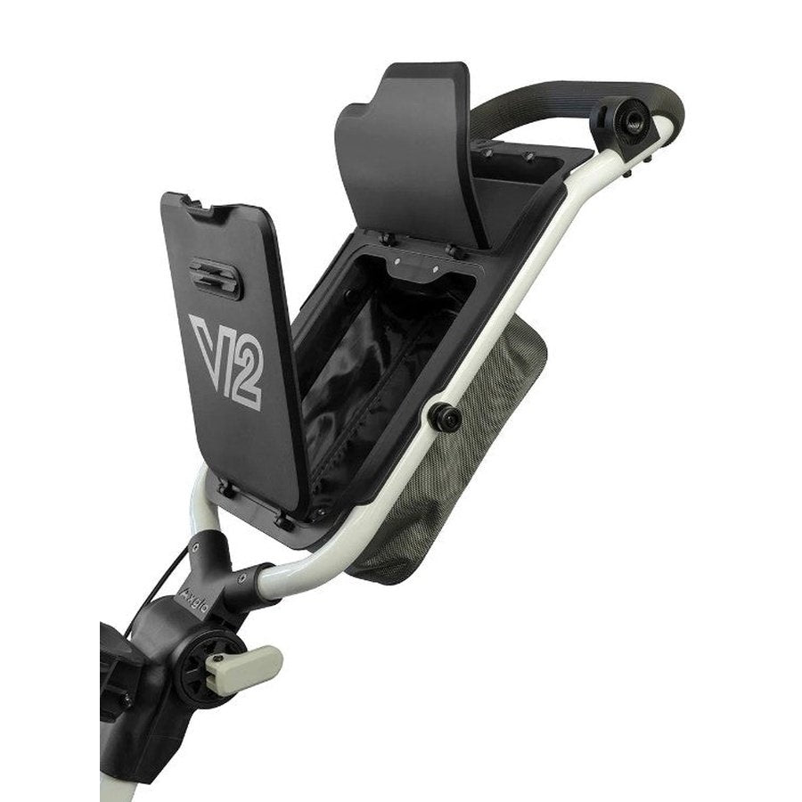 Close-up of the Axglo V2 Golf Cart’s handle area, showing an open storage compartment, a basket below, and visible sections of the handlebar and brake.