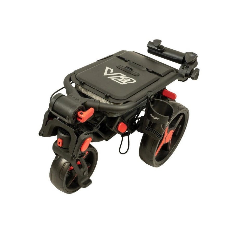 The Axglo V2 Golf Cart, shown in black and red, features sturdy wheels and a handle and is displayed folded compactly for easy transport and storage.
