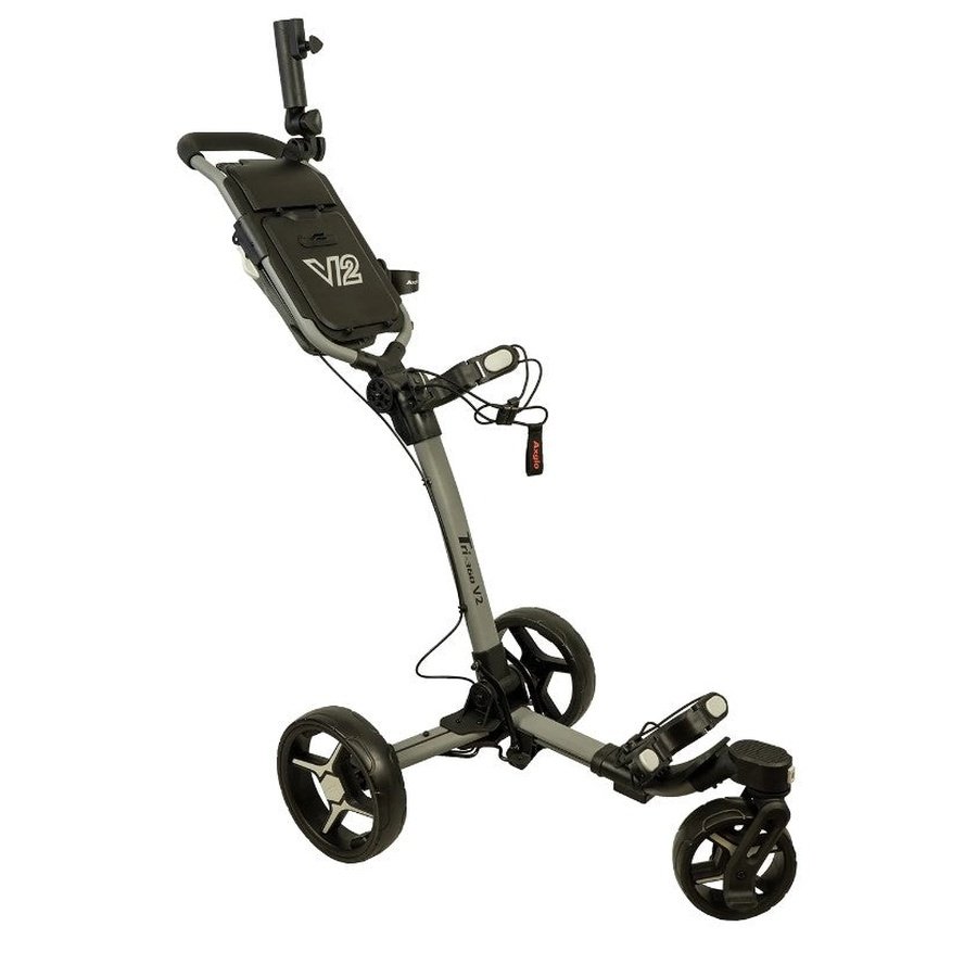 The Axglo V2 Golf Cart features a sleek 3-wheel black and gray frame, handle, storage compartment, and accessory mount. This folding cart is designed to carry golf bags smoothly across the course.