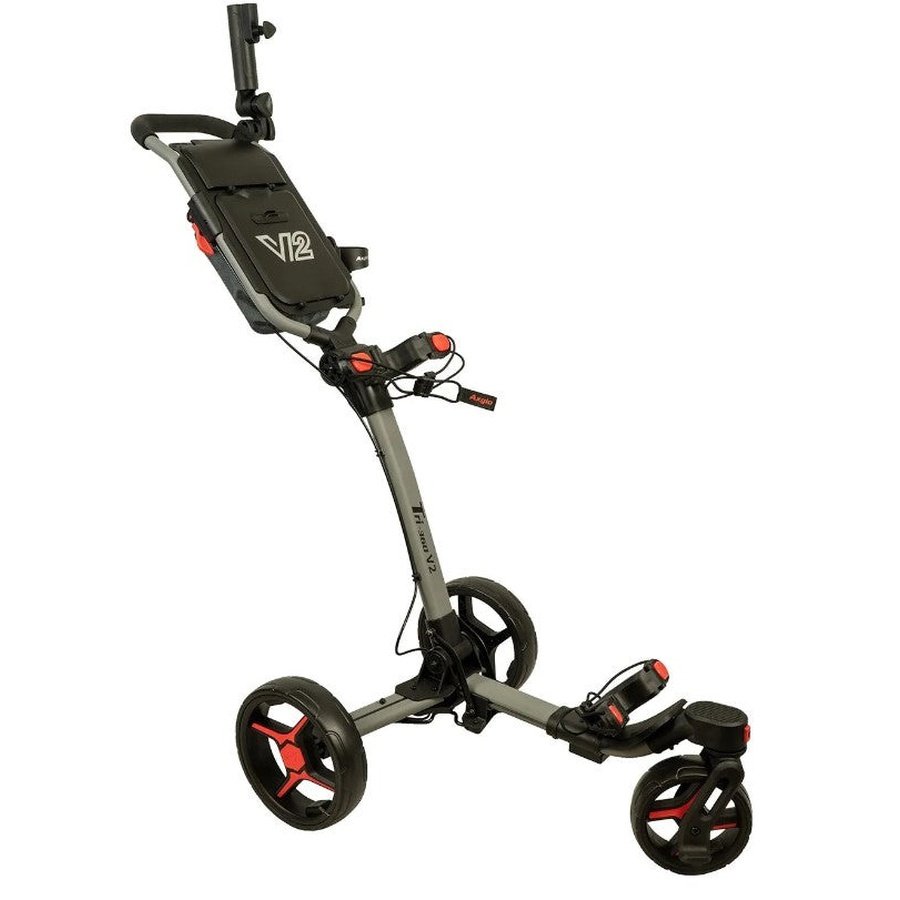The Axglo V2 Golf Cart is a 3-wheel folding cart with a black and gray frame, red accents, a steering handlebar, storage compartment, and sturdy tires for easy maneuvering on golf courses.