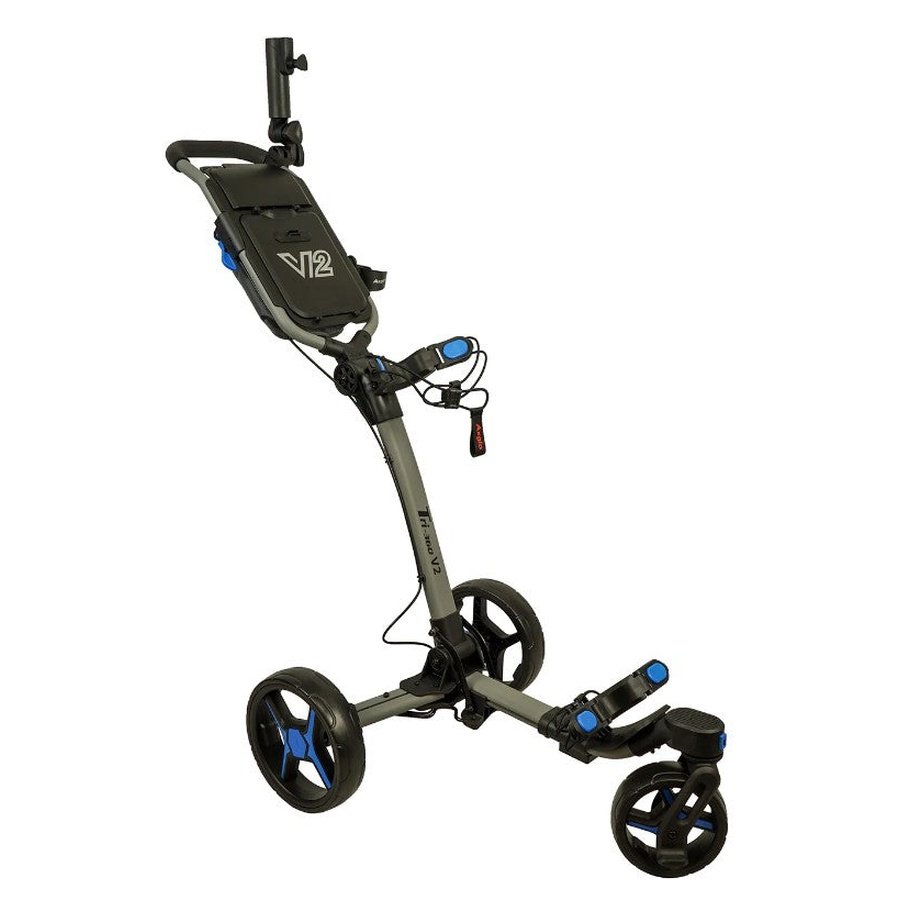 The Axglo V2 Golf Cart is a three-wheeled, collapsible push cart with a black and gray frame, blue accents, and handlebar, designed to easily carry your golf bag and accessories.