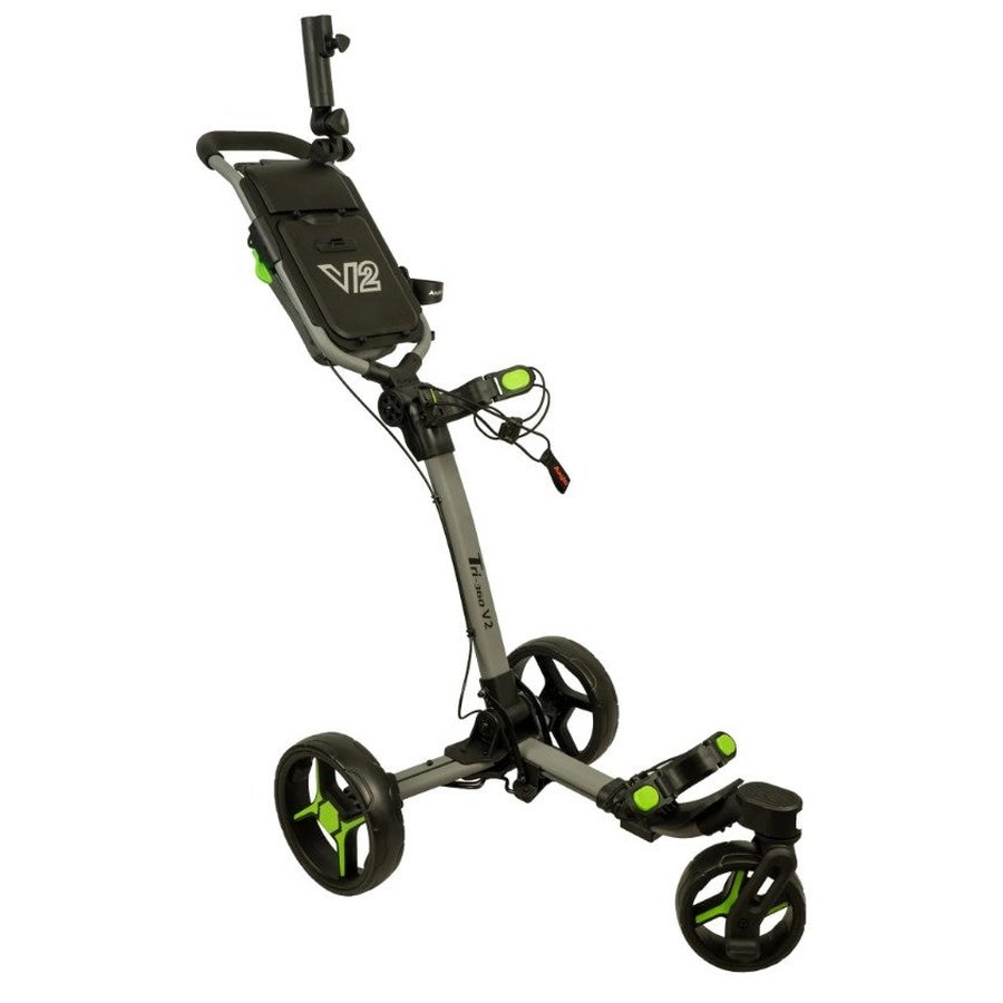 The Axglo V2 Golf Cart is a three-wheeled folding cart with a sturdy frame, black and green accents, large wheels, handle, storage compartment, and space to securely hold your golf bag for easy transport on the course.