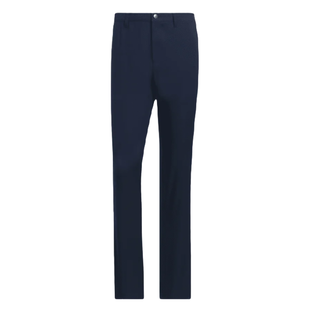 The Adidas Ultimate365 Pants - Blue are classic navy dress pants with a straight-leg fit, belt loops, front button and zip fly, made from recycled materials for eco-friendly style, shown against a white background.