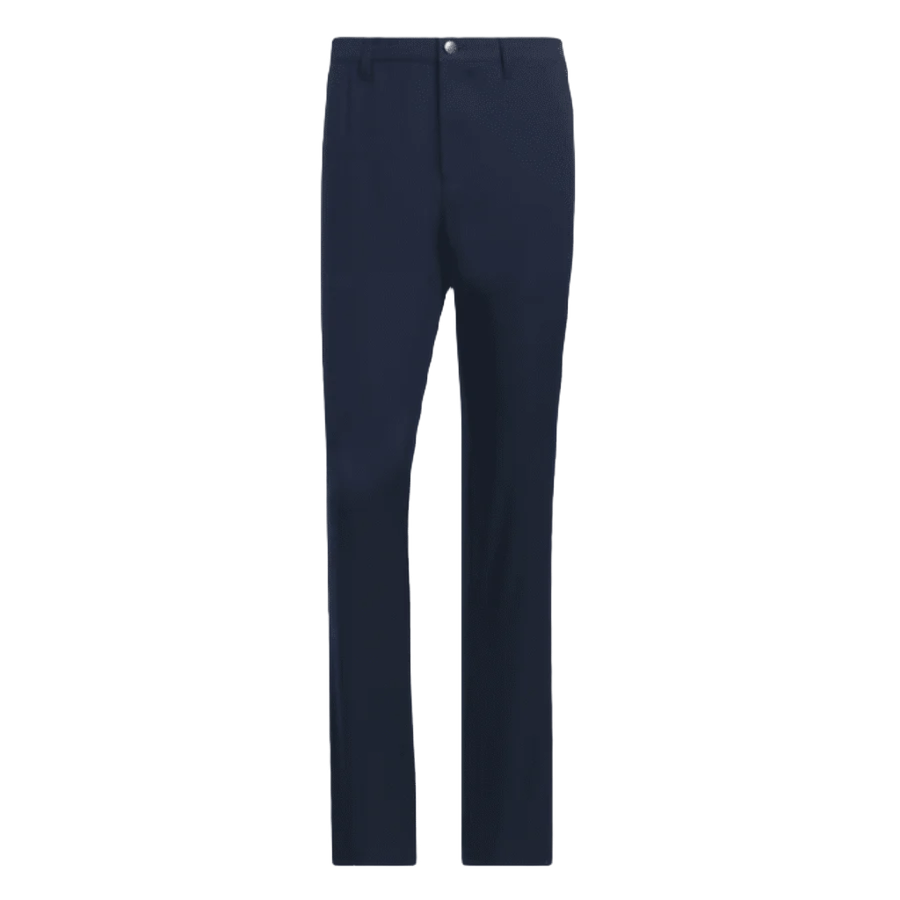 The Adidas Ultimate365 Pants - Blue are classic navy dress pants with a straight-leg fit, belt loops, front button and zip fly, made from recycled materials for eco-friendly style, shown against a white background.