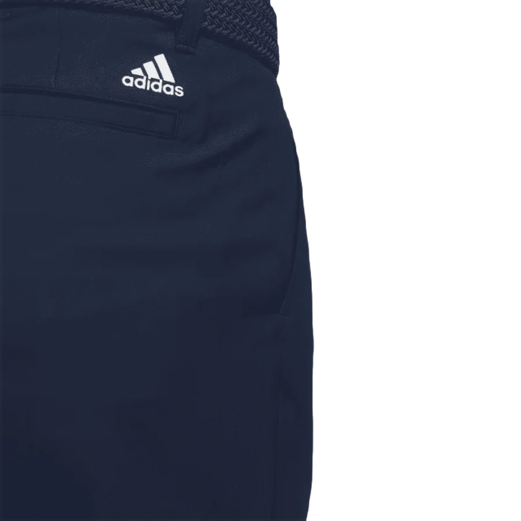 Close-up of the upper section of Adidas Ultimate365 Pants - Blue, showing a logo above the pocket, a woven navy belt, and crafted with recycled materials.