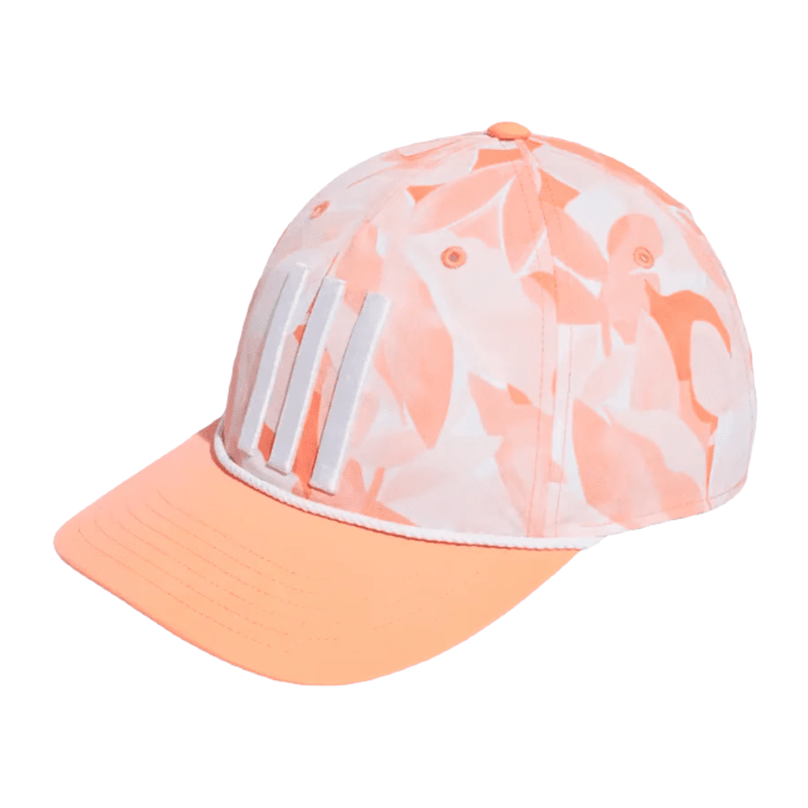The Adidas Orange Season Opener Golf Hat features a peach and white pattern, a peach brim, and three vertical white stripes on the front, made from recycled materials.