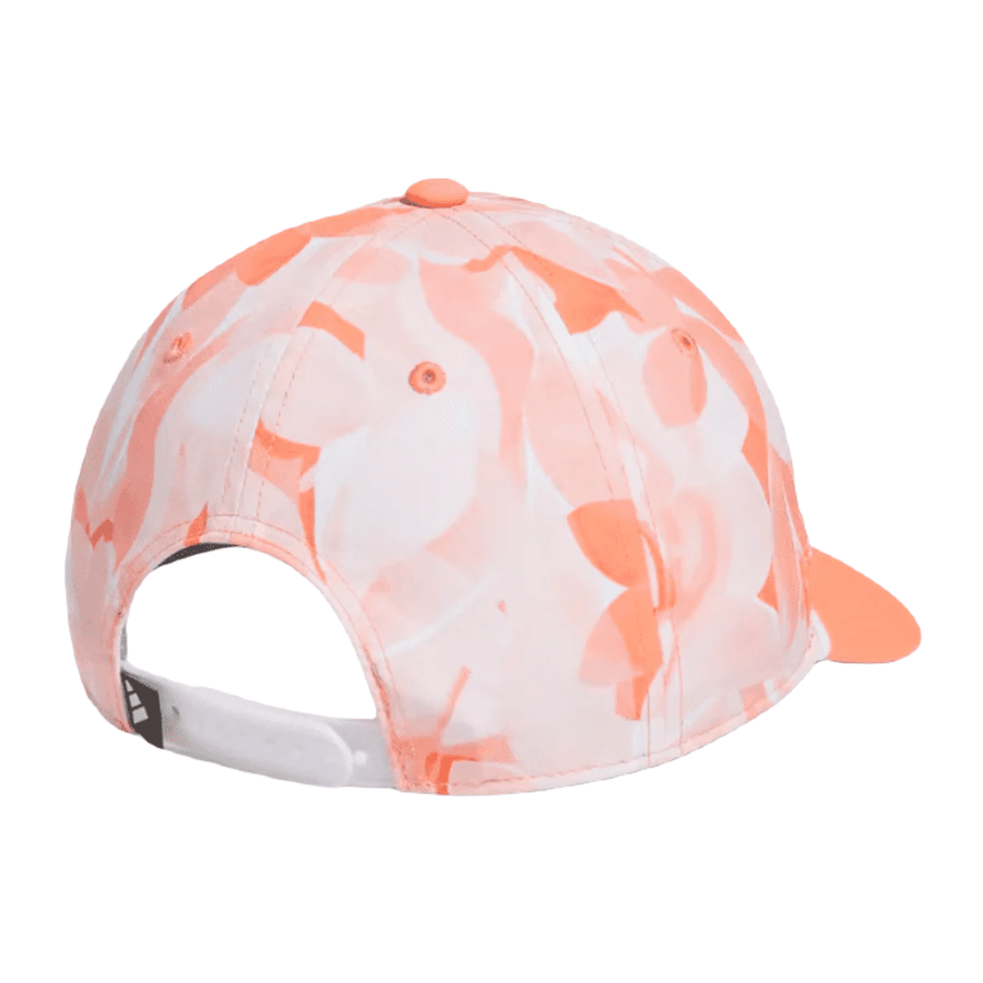A back view of the Adidas Orange Season Opener Golf Hat shows its abstract orange and white pattern, made with recycled materials, featuring an adjustable white strap and a small Adidas logo tag near the strap.