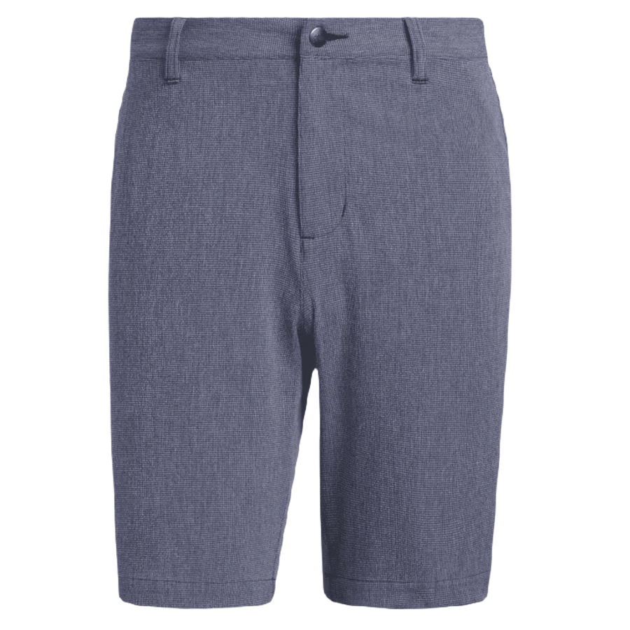The Adidas Crosshatch Shorts - Blue are mens knee-length golf shorts with belt loops, button closure, and zip fly, made from stretchy fabric and shown against a white background.