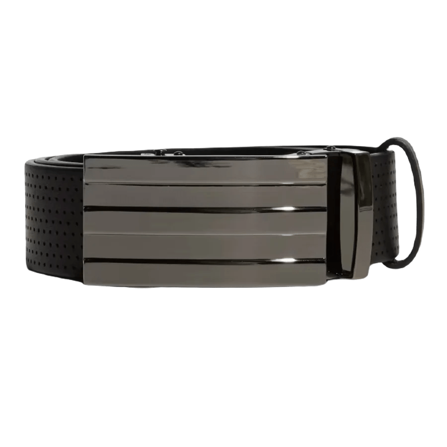 The Adidas Black 3-Stripes Polyurethane No-Hole Belt features a shiny gunmetal rectangular buckle with three horizontal grooves and a sleek, perforated look. The belt is shown rolled up with the signature adidas buckle in front.