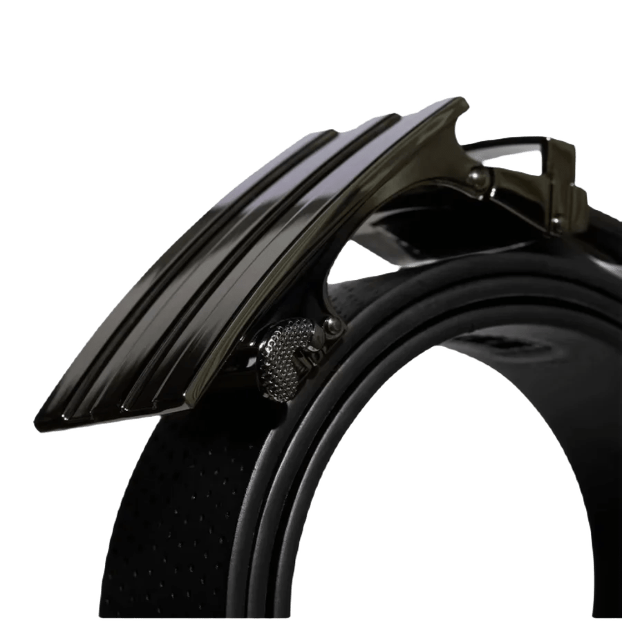 A close-up of the Adidas Black 3-Stripes Polyurethane No-Hole Belt, featuring a modern buckle design and signature adidas style, partially rolled and displayed on a white background.