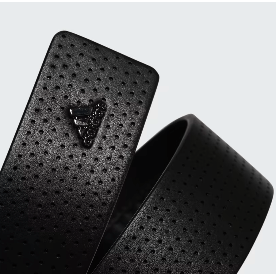 A close-up of the Adidas Black 3-Stripes Polyurethane No-Hole Belt, showcasing its perforated design, detailed stitching, and a small embossed Adidas logo.