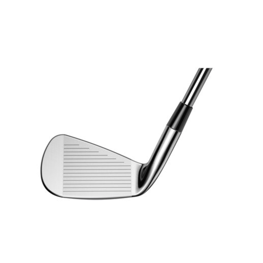 A close-up of the Cobra KING Forged Tec X Iron Set (5-PW, GW) displays the shiny club face with horizontal grooves and part of the shaft against a white background, highlighting its advanced tungsten weighting.