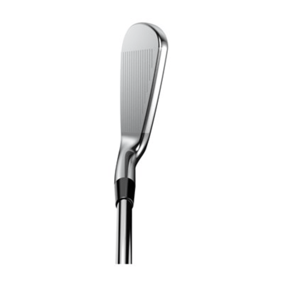 A close-up of a Cobra KING Forged Tec X Iron Set (5-PW, GW) in silver, showing horizontal grooves on its PWRShell face cup, set against a plain white background.