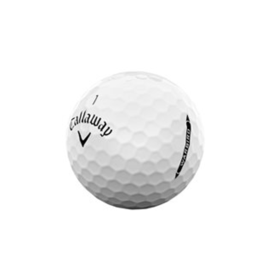 A white Callaway Warbird 2025 Distance Golf Ball with a dimpled surface featuring HEX Aerodynamics, the Callaway logo, and an alignment line is shown against a plain white background.