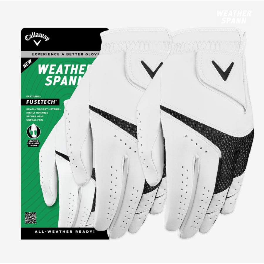 A pair of Callaway 2-Pack Weather Spann Golf Gloves in white with black accents is shown before green and black packaging, featuring FUSETECH™ material and micro-ventilation for all-weather use.