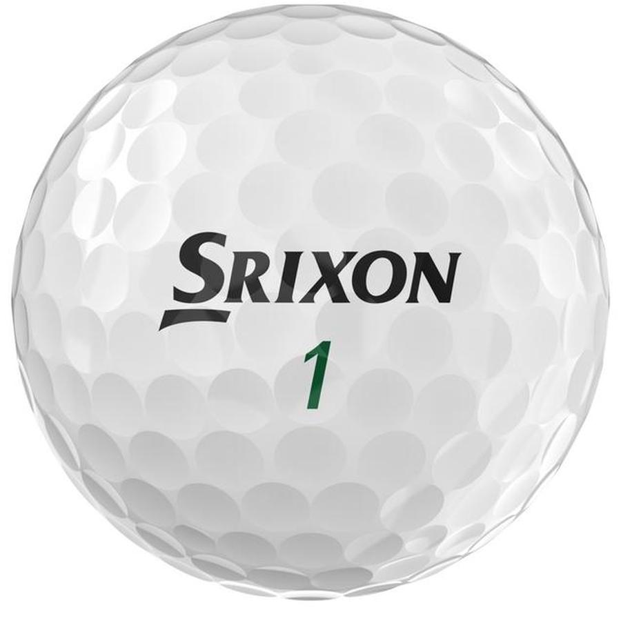 A white Srixon Soft Feel 2025 golf ball with Speed Dimples, large black Srixon branding, and a green number 1 below the logo.