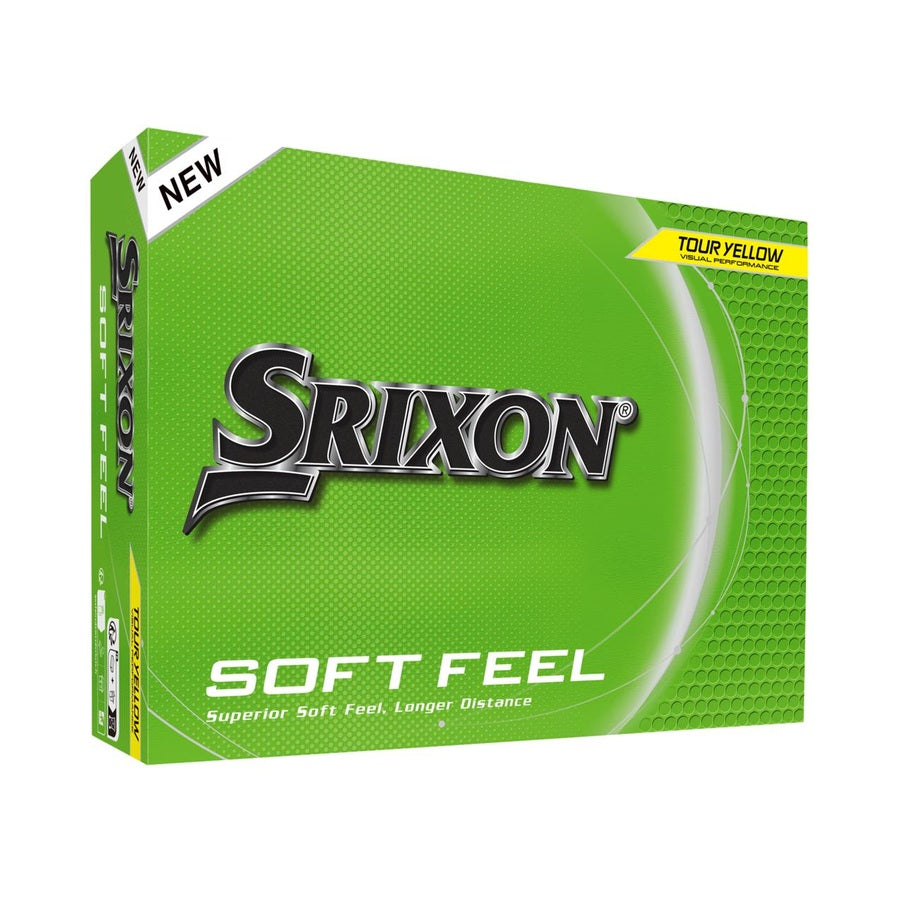 A green and yellow box of Srixon Soft Feel 2025 Golf Balls featuring the Srixon logo, with text highlighting Superior Soft Feel, FastLayer Core for distance, and Tour Yellow.
