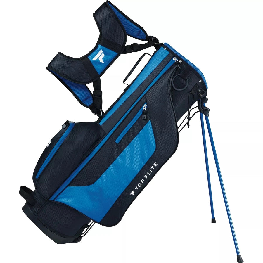 A Top Flite 23 XL 13-Piece Mens Complete Golf Set golf bag in blue and black, featuring multiple zippered pockets, shoulder straps, and stand legs—ideal for carrying your clubs—is shown against a white background.