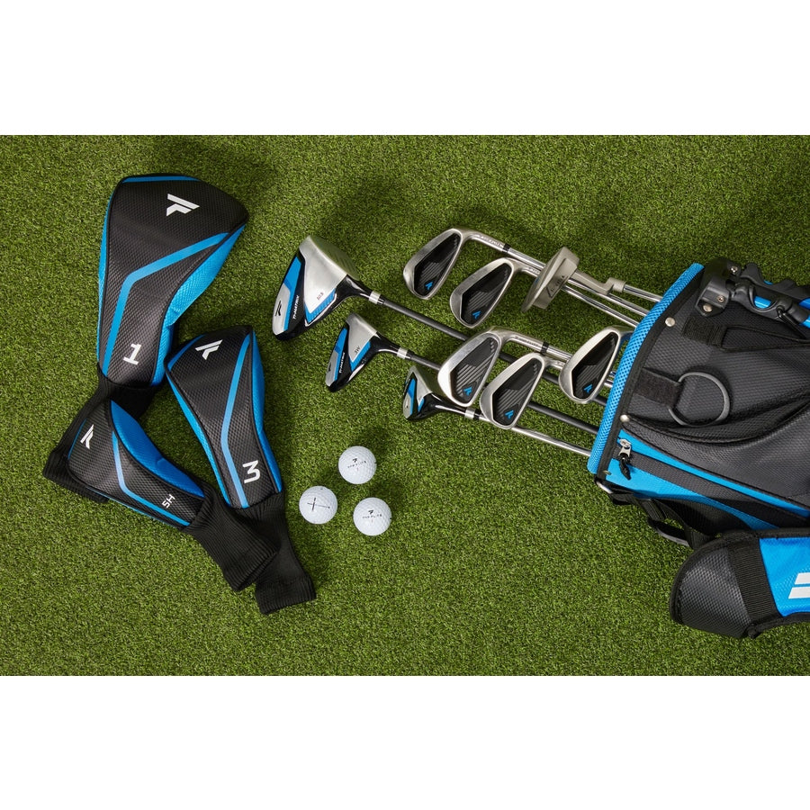 The Top Flite 23 XL 13-Piece Mens Complete Golf Set, featuring a Driver and Hybrid, is displayed in a blue and black bag on green turf with three headcovers and three white golf balls arranged nearby.