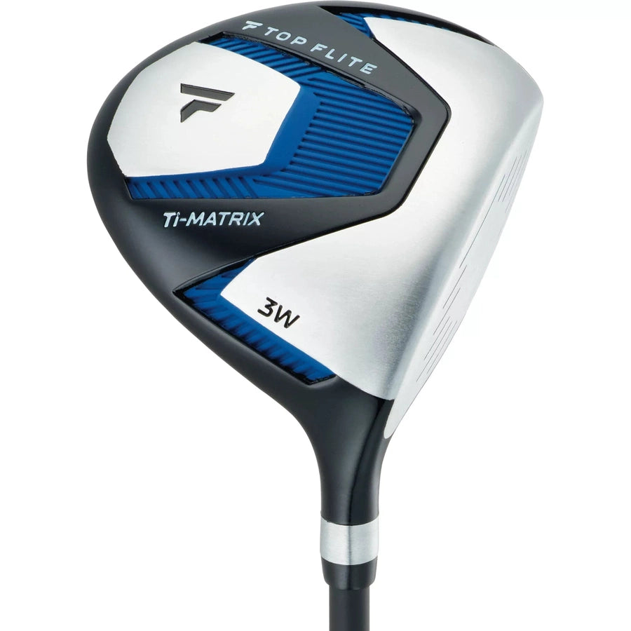 A silver and black 3-wood with blue accents from the Top Flite 23 XL 13-Piece Men’s Complete Golf Set, featuring a modern design labeled 3W and Ti-MATRIX on the clubhead.