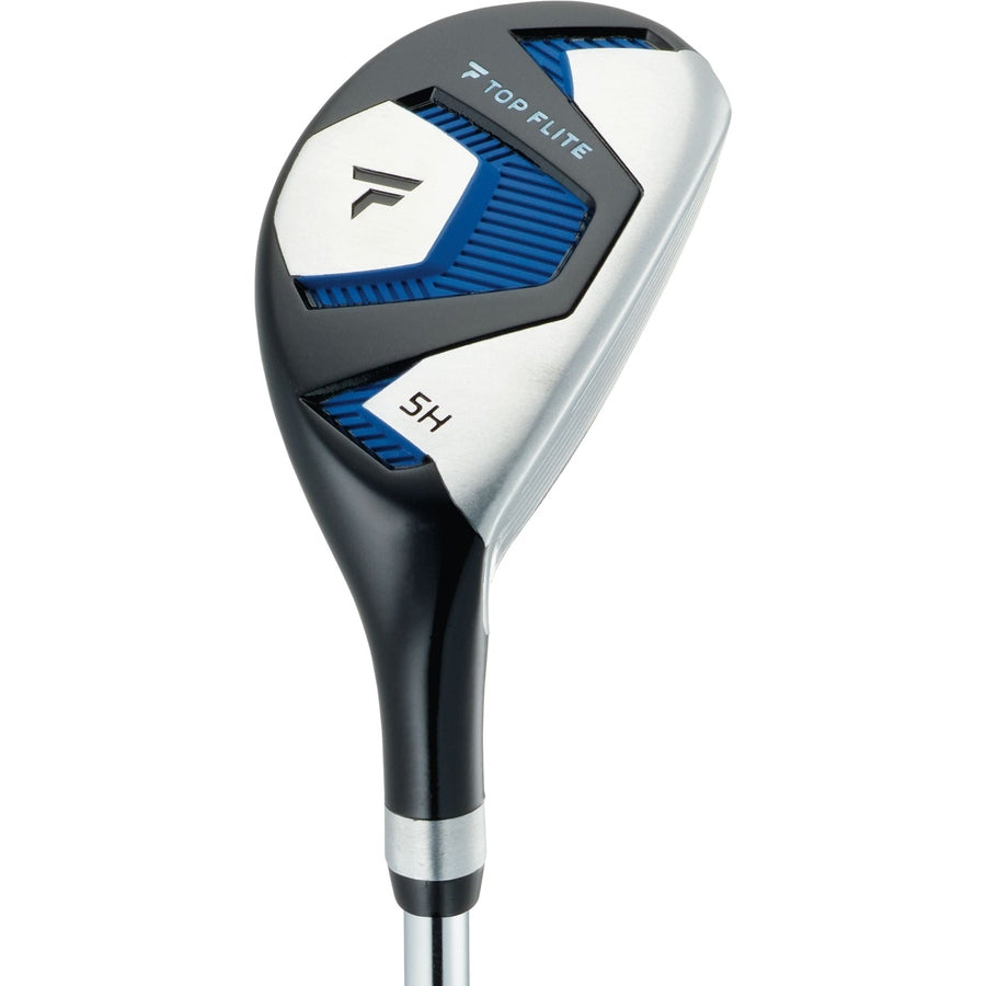 The Top Flite 23 XL 13-Piece Mens Complete Golf Set includes a 5H hybrid with a black and silver head, blue and silver accents, and the Top Flite logo—ideal for bridging the gap between your driver and fairway wood.
