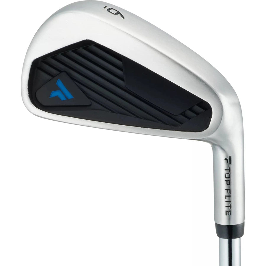 A silver Top Flite 23 XL iron from the 13-piece mens complete set features black and blue club head detailing, hybrid-inspired versatility, and the brand’s logo and name on the hosel.