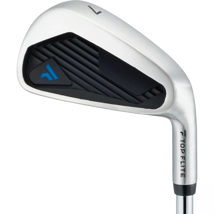 A close-up of a Top Flite 23 XL 13-Piece Mens Complete Golf Set iron, with a silver head, black and blue accents, and the Top Flite logo on the shaft, shown next to a matching fairway wood.