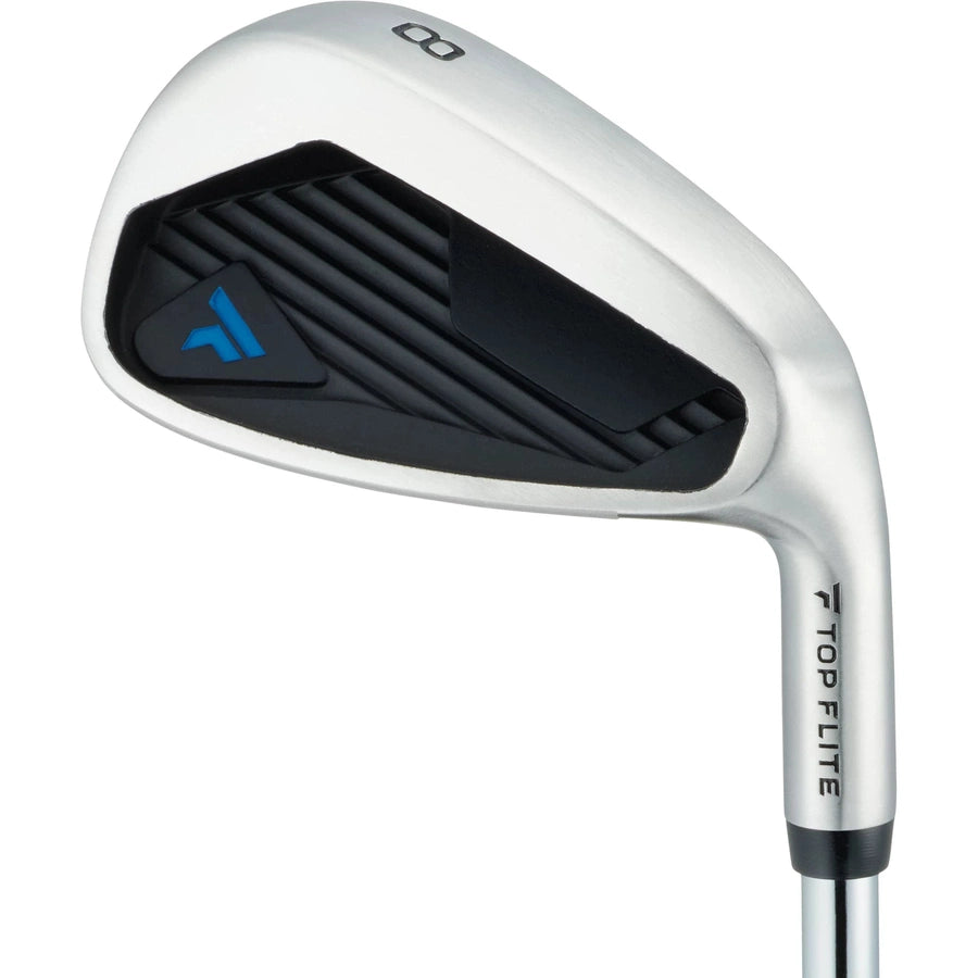 The Top Flite 23 XL 13-Piece Mens Complete Golf Set includes a hybrid iron with a silver finish, black and blue clubface accents, and “Top Flite” printed on the hosel.