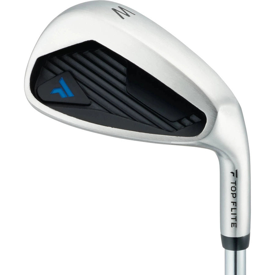 A close-up of a silver iron from the Top Flite 23 XL 13-Piece Mens Complete Golf Set, featuring black and blue accents with an M on the club head, displayed next to a fairway wood for comparison.