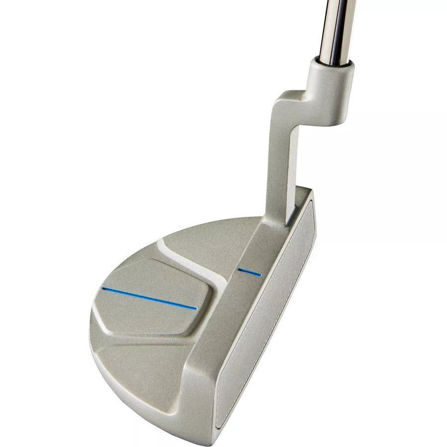 A close-up of the Top Flite 23 XL 13-Piece Mens Complete Golf Set silver putter, featuring a blue alignment line and sleek metallic finish—a modern design that perfectly complements your driver or fairway wood.