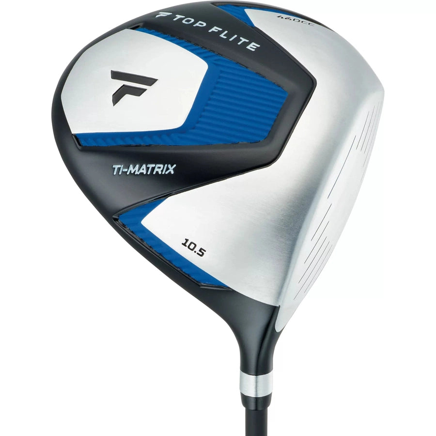 The Top Flite 23 XL 13-Piece Mens Complete Golf Set features a driver with a silver and blue club head marked TI-MATRIX 10.5, displaying the Top Flite logo and black detailing—ideal for boosting your long game performance.