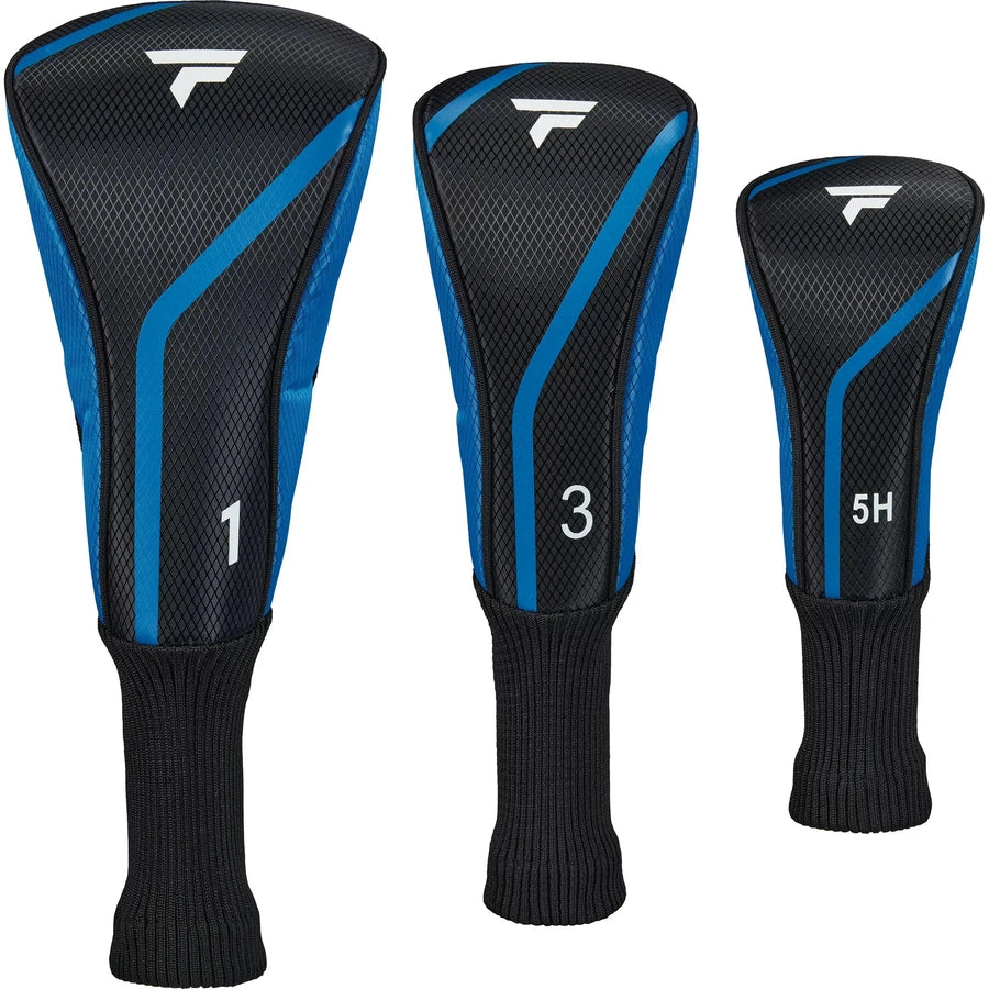 Three black and blue headcovers labeled 1, 3, and 5H for Driver, Fairway Wood, and Hybrid clubs from the Top Flite 23 XL 13-Piece Mens Complete Golf Set are shown side by side on a white background.