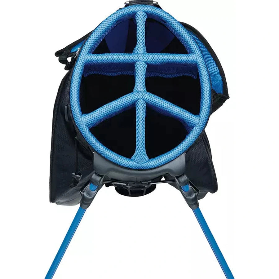 The Top Flite 23 XL 13-Piece Mens Complete Golf Set features a golf bag with blue dividers and stand legs, shown from above, revealing five club compartments for your Driver, Fairway Wood, Hybrid, and more.