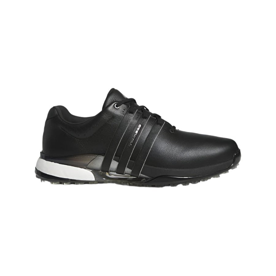 The Adidas Tour360 25 Spikeless Golf Shoes in black feature a low profile, lace-up closure, white midsole detail at the heel, and a textured 3D Traxion outsole, displayed in side view on a white background.