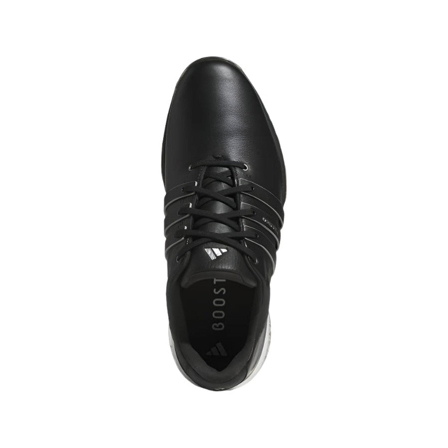 Top view of the Adidas Tour360 25 Spikeless Golf Shoes in black, featuring black laces, three side stripes, a visible BOOST logo on the insole, a white sole edge, and a 3D Traxion outsole for superior grip.