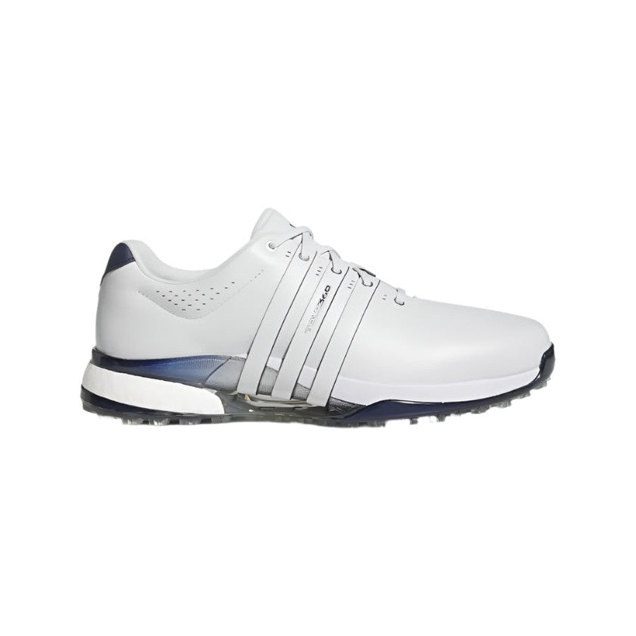 The Adidas Tour360 25 Spikeless Golf Shoes in grey feature white uppers with grey and dark blue accents, three grey side stripes, lace-up closure, BOOST midsole for comfort, and a textured sole, displayed on a white background.