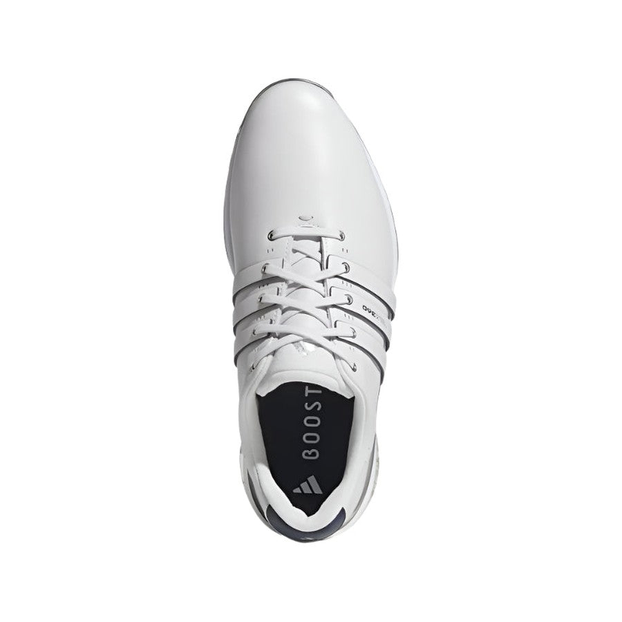 Top view of the Adidas Tour360 25 Spikeless Golf Shoes in grey, featuring white laces, subtle black accents, and a BOOST midsole for responsive cushioning. The insole shows the word BOOST and an Adidas logo. Displayed on a plain white background.