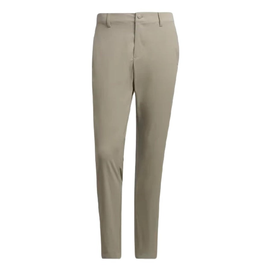 A pair of Adidas Ultimate365 Chino Pants in light khaki, slim-fit, made from recycled materials with button and zip closure, front pockets, and belt loops, shown against a white background.