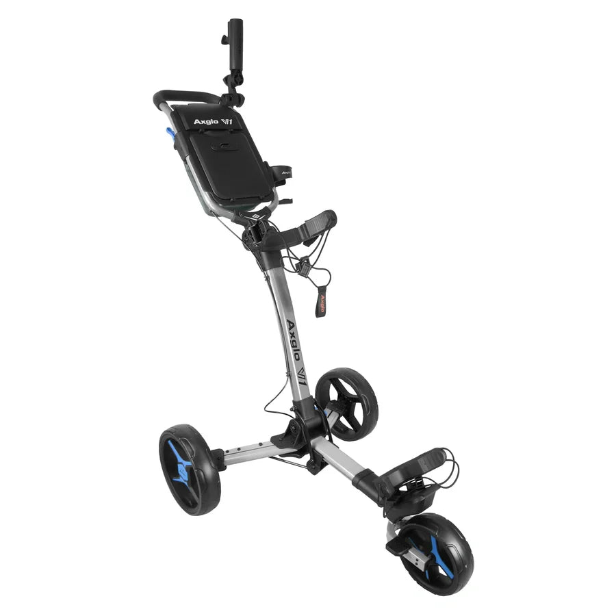 The Axglo V1 Golf Cart with FREE Storage Bag is a compact push cart featuring a phone holder, handle, and large sturdy wheels. Its metallic frame has black and blue accents and folds easily for storage, perfect for carrying golf bags and accessories.