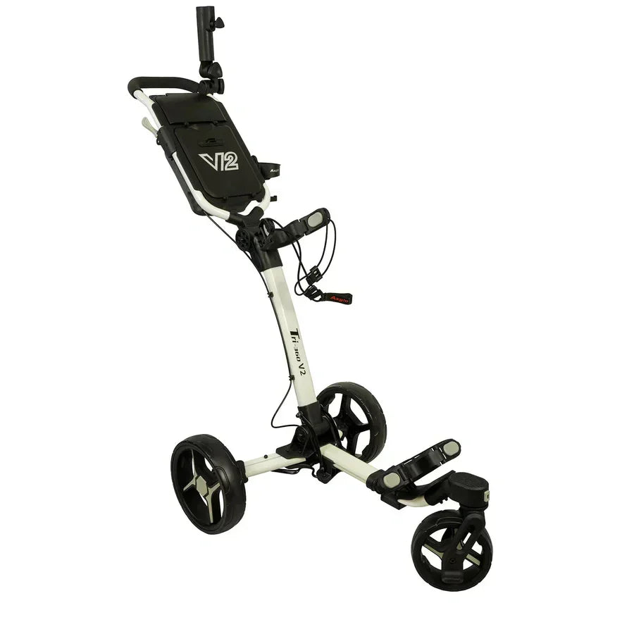 The Axglo V2 Golf Cart features a sturdy 3-wheel frame, foldable design, ergonomic handle, and storage compartment—ideal for easily transporting your golf bag around the course.