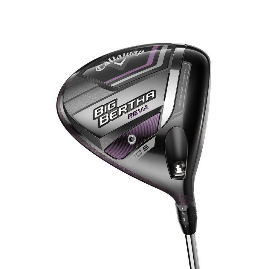 The Callaway Ladies Big Bertha Reva 23 Driver features a stylish black and purple design with the Big Bertha REVA logo and 10.5° loft on the club head, offering exceptional forgiveness and easy launch for women golfers.