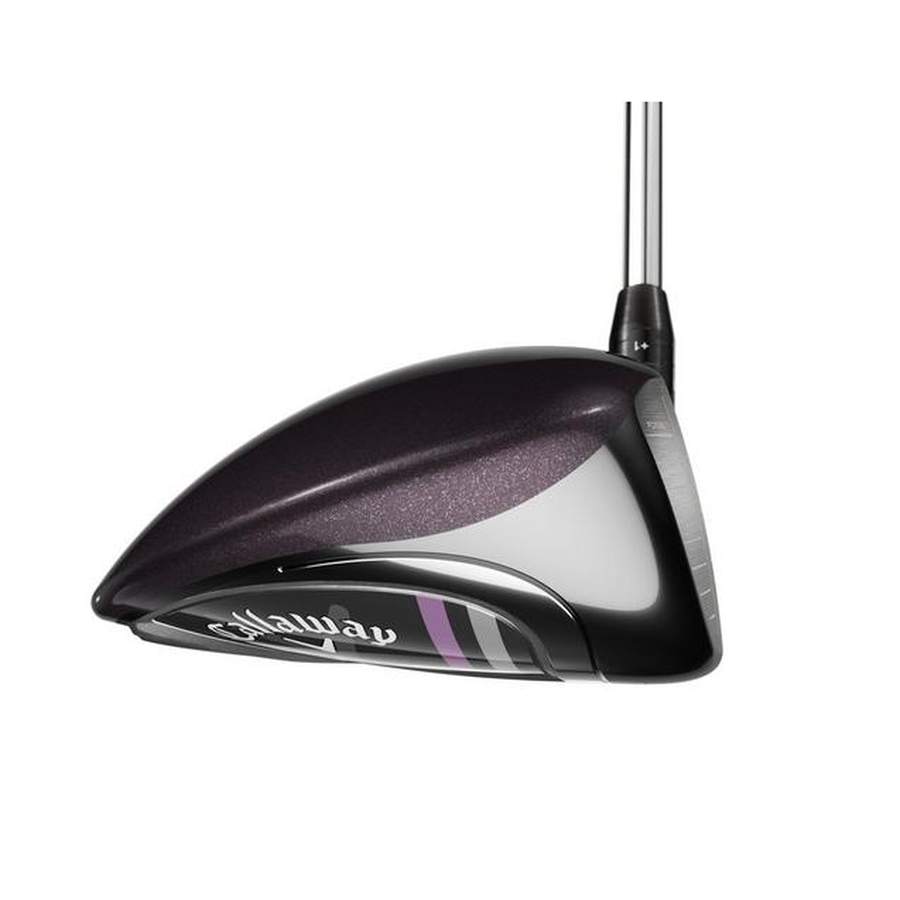 A close-up of the Callaway Ladies Big Bertha Reva 23 Driver shows its shiny black and silver head with purple accents and the Callaway logo, engineered for distance and forgiveness—set against a white background.
