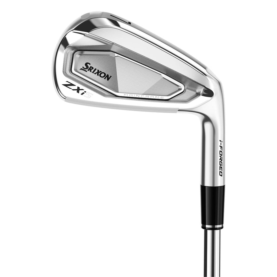 A close-up of the Srixon ZXi5 4-PW Steel Shaft Iron Set features a shiny silver finish and black accents on the clubhead, highlighting i-FORGED branding and detailed model highlights.