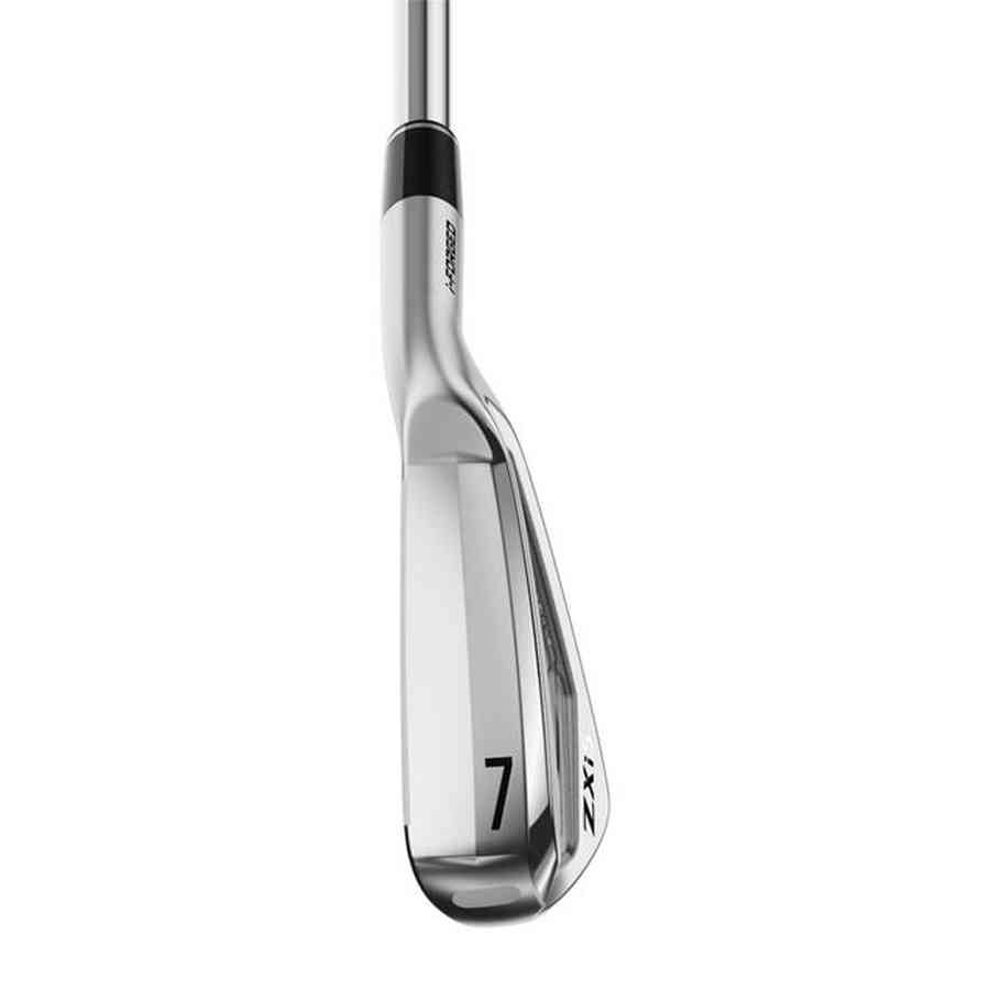A close-up of the Srixon ZXi5 7-iron from the ZXi5 4-PW Steel Shaft Iron Set shows the shiny clubface and shaft, with the number 7 and model name visible, highlighting its advanced design.